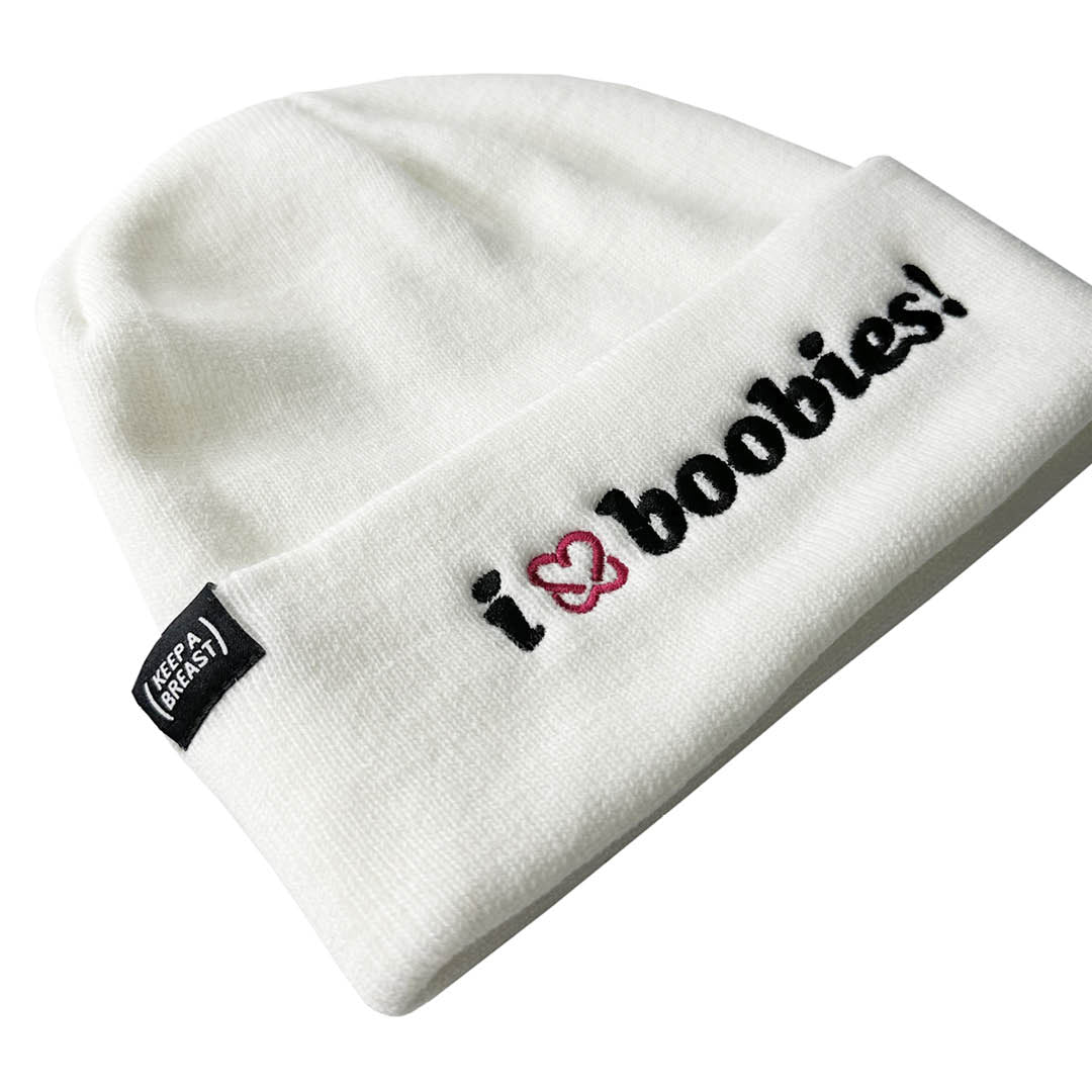 i love boobies! embroidered beanie | white | one size fits all