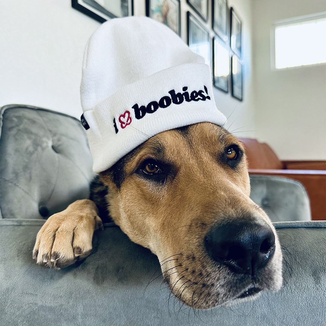 i love boobies! embroidered beanie | white | one size fits all