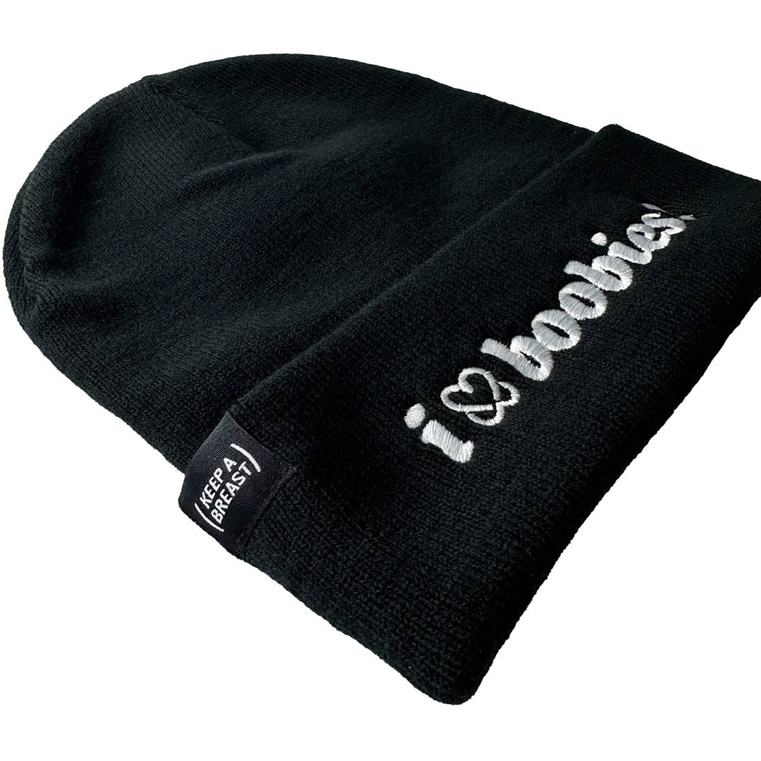 i love boobies! Black Embroidered Beanie