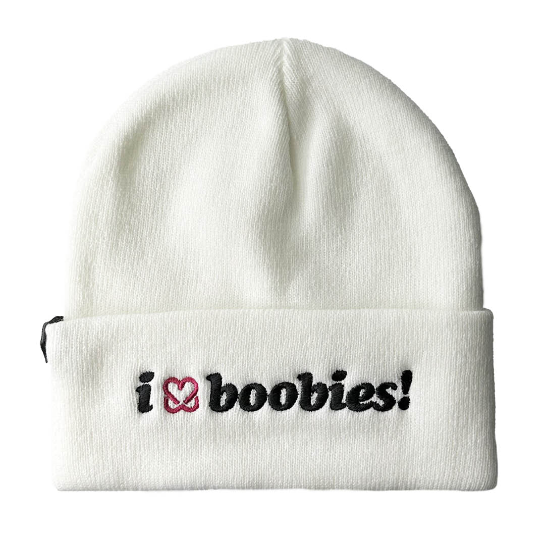 i love boobies! embroidered beanie | white | one size fits all